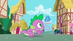 Size: 1279x720 | Tagged: safe, derpibooru import, screencap, spike, dragon, secret of my excess, cupcake, food, impossibly long tongue, long tongue, ponyville, sapphire, sapphire cupcake, solo, tongue out