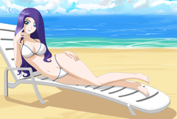 Size: 3617x2440 | Tagged: safe, artist:zantyarz, rarity, human, beach, belly button, bikini, breasts, cleavage, clothes, female, humanized, raritits, sexy, solo, swimsuit