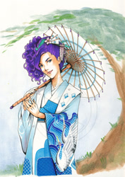 Size: 600x849 | Tagged: safe, artist:amypeterson, rarity, androgynous, haori, humanized, kanzashi, kimono (clothing), legend of the five rings, solo, traditional art, umbrella, wagasa