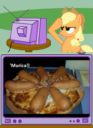 Size: 563x771 | Tagged: safe, applejack, earth pony, pony, corndog, exploitable meme, meme, photo, pizza, rainbow dash salutes, salute, tv meme