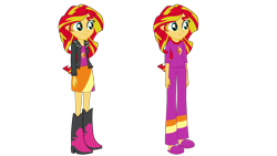 Size: 1920x1080 | Tagged: safe, artist:yoshigreenwater, sunset shimmer, equestria girls, rainbow rocks, boots, clothes, flash puppet, high heel boots, leather jacket, pajamas, skirt, slippers, smiling, solo, when she smiles