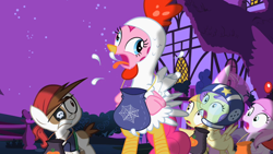 Size: 1280x720 | Tagged: safe, screencap, alula, noi, pinkie pie, pipsqueak, piña colada, pluto, earth pony, pony, luna eclipsed, animal costume, applecore, chicken pie, chicken suit, clothes, colt, costume, male