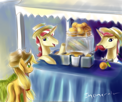 Size: 600x505 | Tagged: safe, artist:incinerater, applejack, flam, flim, earth pony, pony, flim flam brothers, orange, orange juice