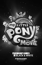 Size: 720x1094 | Tagged: safe, derpibooru import, edit, applejack, fluttershy, pinkie pie, rainbow dash, rarity, spike, twilight sparkle, twilight sparkle (alicorn), alicorn, dragon, earth pony, pegasus, pony, unicorn, my little pony: the movie, black and white, classic art, grayscale, mane seven, mane six, monochrome, movie poster, old school, throwback thursday