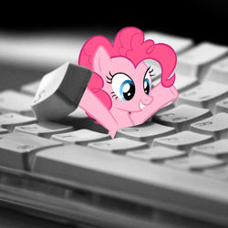 Size: 512x512 | Tagged: safe, pinkie pie, earth pony, pony, arms in the air, female, grin, i hid in your keyboard, irl, keyboard, looking down, mare, photo, ponies in real life, smiling, solo