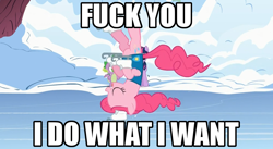 Size: 930x510 | Tagged: safe, pinkie pie, earth pony, pony, female, image macro, mare, pink coat, pink mane, solo, vulgar