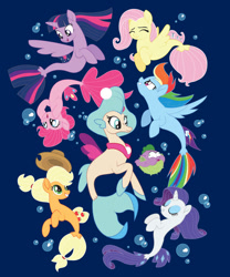 Size: 800x963 | Tagged: safe, artist:xkappax, derpibooru import, applejack, fluttershy, pinkie pie, princess skystar, rainbow dash, rarity, spike, twilight sparkle, twilight sparkle (alicorn), alicorn, seapony (g4), my little pony: the movie, clothes, mane seven, mane six, merchandise, puffer fish, seaponified, seapony applejack, seapony fluttershy, seapony pinkie pie, seapony rainbow dash, seapony rarity, seapony twilight, shirt, species swap, spike the pufferfish, t-shirt