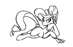 Size: 1156x745 | Tagged: safe, artist:enma-darei, rarity, crystal pony, pony, unicorn, monochrome, on side, paper fan, pinup, sketch, solo