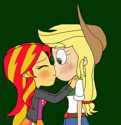 Size: 1024x1058 | Tagged: safe, artist:cutsiepie95, applejack, sunset shimmer, equestria girls, appleshimmer, clothes, female, jacket, kissing, leather jacket, lesbian, shipping, watermark