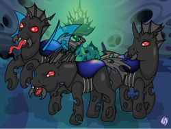 Size: 920x690 | Tagged: safe, artist:princesshighmist, derpibooru import, changeling, g1, g4, alternate design, changeling hive, chrysalis' throne, g4 to g1, generation leap, long tongue, mandibles, red eyes, reimagine, tongue out, trio