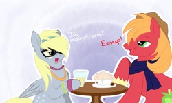 Size: 2004x1200 | Tagged: safe, artist:rainbowjune, big macintosh, derpy hooves, earth pony, pony, clothes, cup, drink, glass, glasses, hipster, male, scarf, stallion, table