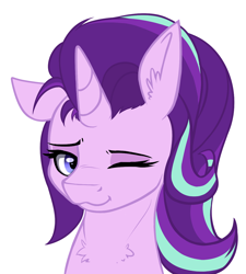 Size: 1134x1259 | Tagged: safe, artist:duop-qoub, starlight glimmer, pony, unicorn, :3, :t, chest fluff, cute, ear fluff, floppy ears, fluffy, glimmerbetes, lidded eyes, looking at you, one eye closed, simple background, smiling, solo, white background, wink