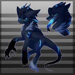 Size: 2500x2500 | Tagged: safe, alternate version, artist:vallionshad, derpibooru import, oc, oc only, oc:indelible hue, original species, abstract background, black blood, black sclera, blood, dripping, fangs, fuzzy hooves, glow, hand, horns, long tongue, male, open mouth, raised hoof, reference, reference sheet, sharp teeth, solo, teeth, tongue out