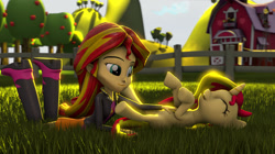 Size: 1147x641 | Tagged: safe, artist:turbovilka, sunset shimmer, pony, unicorn, equestria girls, 3d, apple, apple tree, barn, bellyrubs, boots, clothes, cute, grass, high heel boots, human ponidox, jacket, leather jacket, self ponidox, shimmerbetes, source filmmaker, square crossover, tickling, tree