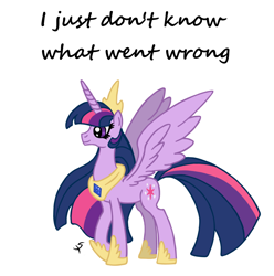 Size: 900x908 | Tagged: safe, derpibooru import, twilight sparkle, twilight sparkle (alicorn), alicorn, pony, alicorn drama, female, hoof shoes, jewelry, mare, meta, peytral, simple background, spread wings, tiara, ultimate twilight, white background, wings