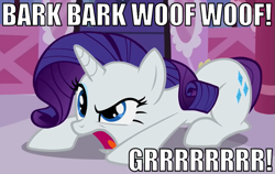 Size: 649x409 | Tagged: safe, rarity, dog, pony, unicorn, barking, behaving like a dog, image macro, raridog