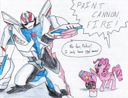Size: 1024x783 | Tagged: safe, artist:frostedicefire, pinkie pie, earth pony, pony, party cannon, smokescreen, transformers, transformers prime