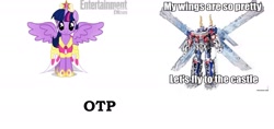 Size: 1759x828 | Tagged: safe, derpibooru import, twilight sparkle, twilight sparkle (alicorn), alicorn, pony, magical mystery cure, exploitable meme, female, let's fly to the castle, mare, my wings are so pretty, optimus prime, otp, transformers, wings