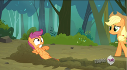 Size: 768x426 | Tagged: safe, applejack, scootaloo, earth pony, pony, sleepless in ponyville, derp, hub logo, scared