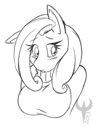 Size: 300x398 | Tagged: safe, artist:ethanqix, fluttershy, anthro, big breasts, blushing, breasts, bust, clothes, female, hootershy, lineart, monochrome, portrait, solo, sweater, sweatershy