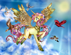 Size: 1166x900 | Tagged: safe, artist:missyasylum, fluttershy, alicorn, bird, butterfly, hummingbird, pony, alicornified, fluttercorn, race swap