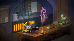 Size: 1024x579 | Tagged: safe, artist:breakdream, starlight glimmer, oc, oc:frost d. tart, oc:golden lily, alicorn, pony, alicorn oc, bipedal, book, brother and sister, cooking, female, food, kitchen, magic, male, mind control, siblings, smiling