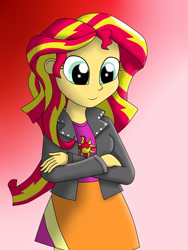 Size: 1944x2592 | Tagged: safe, artist:sketchzi, sunset shimmer, equestria girls, clothes, crossed arms, cute, leather jacket, paint tool sai, shimmerbetes, skirt, smiling, solo, when she smiles