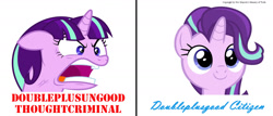 Size: 1680x720 | Tagged: safe, starlight glimmer, pony, unicorn, 1984, comparison, copyright, doublespeak, newspeak, ragelight glimmer, simple background, solo, text, white background