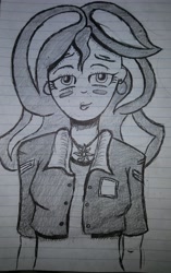 Size: 2718x4330 | Tagged: safe, artist:missmayaleanne, sunset shimmer, equestria girls, blushing, cute, grayscale, lined paper, monochrome, shimmerbetes, smiling, solo, traditional art, when she smiles