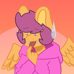 Size: 3500x3500 | Tagged: safe, artist:calpico-crisis, derpibooru import, scootaloo, oc, oc only, oc:ponytale scootaloo, anthro, pegasus, comic:ponytale, abstract background, clothes, fangs, female, hand, hoodie, long tongue, simple background, solo, sweat, sweatdrop, tongue out