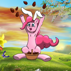 Size: 920x920 | Tagged: safe, pinkie pie, earth pony, pony, chocolate, easter, easter basket, easter egg