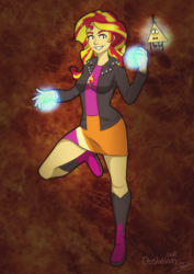 Size: 1684x2374 | Tagged: safe, artist:elzalokvud, sunset shimmer, demon, equestria girls, bill cipher, boots, clothes, crossover, dark magic, dark side, disney, duo, evil, gravity falls, hat, leather jacket, magic, necktie, possessed, possession, raised leg, signature, skirt