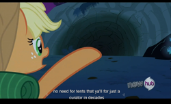 Size: 1680x1021 | Tagged: safe, screencap, applejack, earth pony, pony, sleepless in ponyville, hub logo, youtube caption