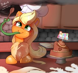 Size: 3400x3200 | Tagged: safe, artist:madacon, derpibooru import, applejack, monster pony, original species, pony, tatzlpony, cake, chest fluff, cute, female, food, impossibly large chest fluff, jackabetes, kitchen, long tongue, mare, smiling, smoke, solo, species swap, tatzljack, tentacle tongue, tentacles, tongue out