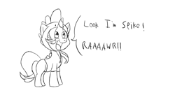 Size: 2024x1024 | Tagged: safe, artist:rougueone, spike, starlight glimmer, dragon, pony, unicorn, black and white, clothes, costume, dialogue, grayscale, monochrome, open mouth, rawr, roar, simple background, sketch, smiling, solo, white background