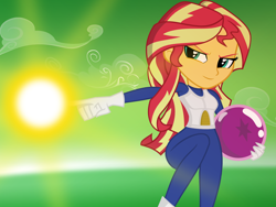 Size: 2000x1500 | Tagged: safe, artist:darthlena, sunset shimmer, equestria girls, clothes, cosplay, costume, crossover, dragon ball, dragon ball (object), gloves, magic, raised leg, solo, vegeta