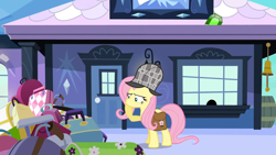 Size: 1280x720 | Tagged: safe, edit, edited screencap, screencap, fluttershy, pegasus, pony, just for sidekicks, crystal empire, deerstalker, detective, gem, hat, luggage, solo, suspicious, train station