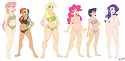 Size: 1519x748 | Tagged: safe, artist:ric-m, derpibooru import, applejack, fluttershy, pinkie pie, rainbow dash, rarity, twilight sparkle, human, barefoot, belly button, bra, breasts, clothes, crop top bra, feet, female, frilly underwear, frown, grin, humanized, line-up, mane six, midriff, open mouth, panties, plump, ribbon, simple background, smiling, standing, underwear, white background