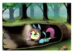 Size: 1400x1000 | Tagged: safe, artist:php2, fluttershy, pegasus, pony, bunny ears, clothes, dangerous mission outfit, female, goggles, hiding, hoodie, log, mare, socks, solo