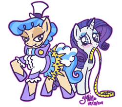 Size: 741x651 | Tagged: safe, artist:yamino, rarity, sapphire shores, earth pony, pony, unicorn, female, horn, mare, measuring tape