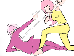 Size: 440x330 | Tagged: safe, artist:aaronmon97, cheerilee, fluttershy, cowboy bebop, flutterbadass, gun, humanized, sword