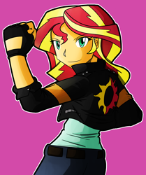 Size: 2000x2392 | Tagged: safe, artist:flam3zero, sunset shimmer, equestria girls, anime, bike jacket, clothes, fingerless gloves, fist pump, gloves, king of fighters, kyo kusanagi, pants, solo