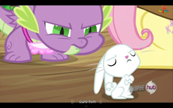 Size: 1024x640 | Tagged: safe, screencap, angel bunny, fluttershy, spike, dragon, pegasus, pony, just for sidekicks, angel is a bunny bastard, hub logo, youtube caption