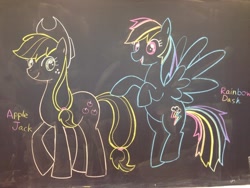 Size: 1024x768 | Tagged: safe, artist:tebasaki, derpibooru import, applejack, rainbow dash, earth pony, pegasus, pony, chalkboard, duo