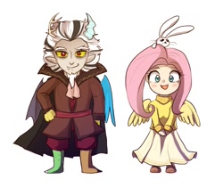 Size: 700x590 | Tagged: safe, artist:keterok, angel bunny, discord, fluttershy, blushing, clothes, horned humanization, humanized, skirt, winged humanization