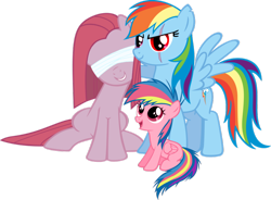 Size: 900x662 | Tagged: safe, artist:thebiancoangelo, derpibooru import, pinkie pie, rainbow dash, oc, earth pony, pegasus, pony, fanfic:cupcakes, fanfic:rainbow factory, blind, blindfold, evil grin, family, female, lesbian, magical lesbian spawn, offspring, parent:pinkie pie, parent:rainbow dash, parents:pinkiedash, pinkamena diane pie, pinkiedash, rainbow factory dash, red eyes, scar, shipping, torn ear, xk-class end-of-the-world scenario