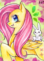 Size: 500x696 | Tagged: safe, artist:greyradian, angel bunny, fluttershy, pegasus, pony, rabbit, female, mare, pet, pink mane, yellow coat