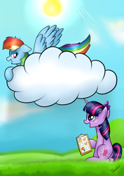 Size: 2480x3507 | Tagged: safe, artist:twidasher, derpibooru import, rainbow dash, twilight sparkle, pegasus, pony, clipboard, cloud, female, lesbian, mare, shipping, smiling, sun, twidash