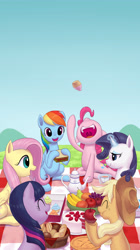 Size: 2357x4201 | Tagged: safe, artist:dannylim86, derpibooru import, applejack, fluttershy, pinkie pie, rainbow dash, rarity, twilight sparkle, earth pony, pegasus, pony, unicorn, cake, eating, food, mane six, picnic