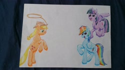 Size: 3264x1836 | Tagged: safe, artist:hilfigirl, derpibooru import, applejack, rainbow dash, twilight sparkle, twilight sparkle (alicorn), alicorn, earth pony, pegasus, pony, traditional art